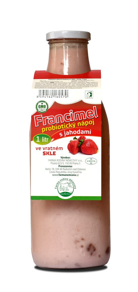 Francimel s JAHODAMI 1 ltr - probio. nápoj ve vratném ZÁLOHOVANÉM SKLE