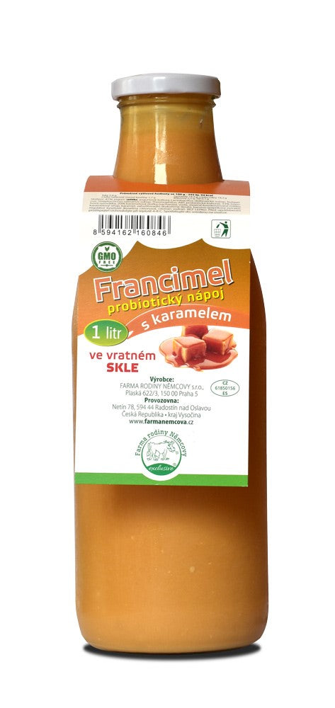 Francimel s KARAMELEM 1 ltr - probio. nápoj ve vratném ZÁLOHOVANÉM SKLE