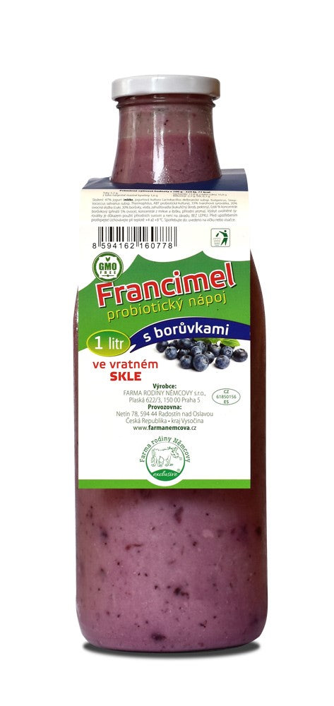 Francimel s BORŮVKAMI 1 ltr - probio. nápoj ve vratném ZÁLOHOVANÉM SKLE