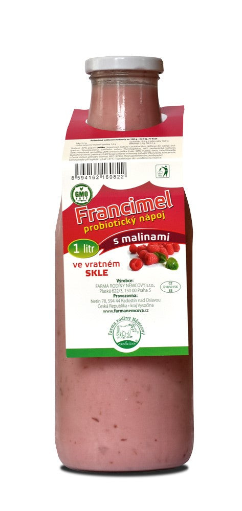 Francimel s MALINAMI 1 ltr - probio. nápoj ve vratném ZÁLOHOVANÉM SKLE
